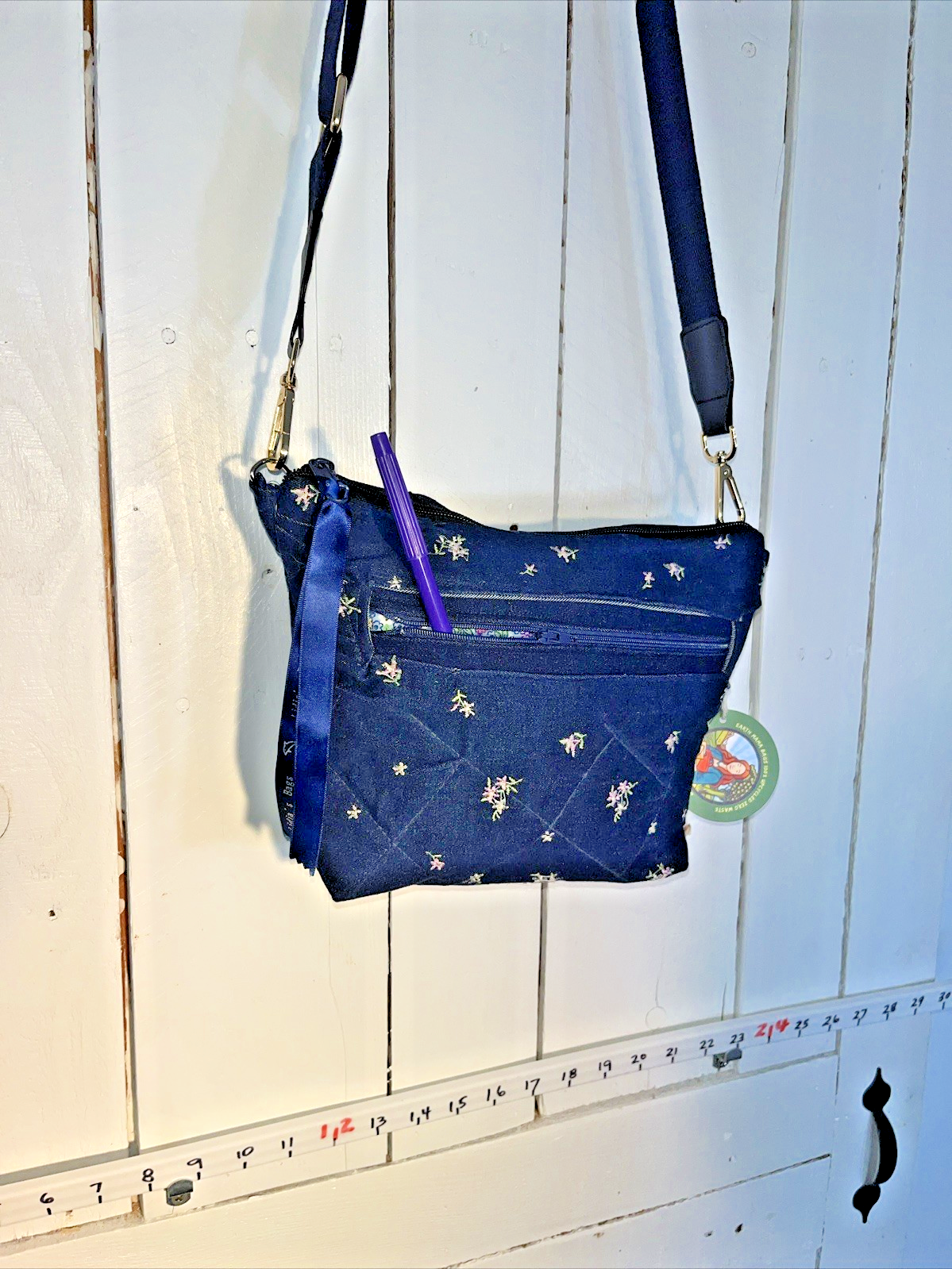 Handcrafted Navy Quilted Embroidered Floral Crossbody Bag - Unique 0056