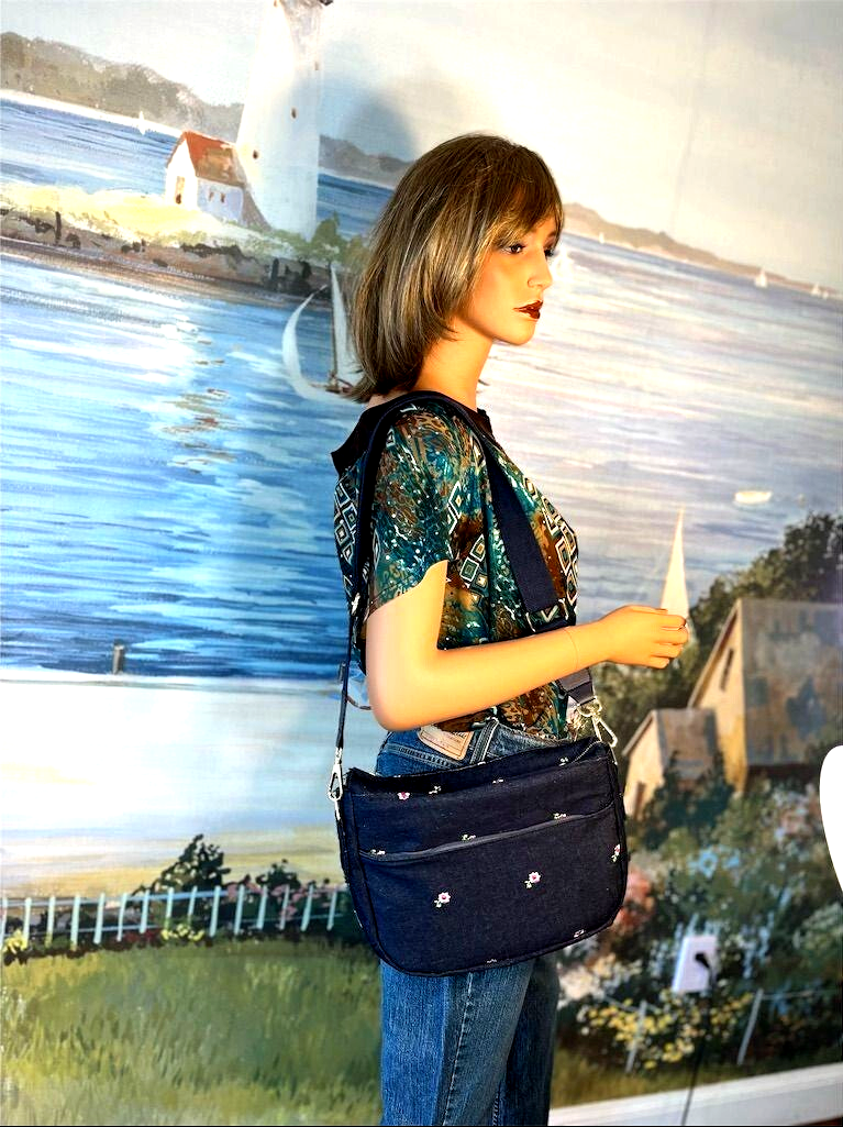 Handmade Embroidered Denim Shoulder Bag β Vintage Rosebud Floral β One of a Kind
