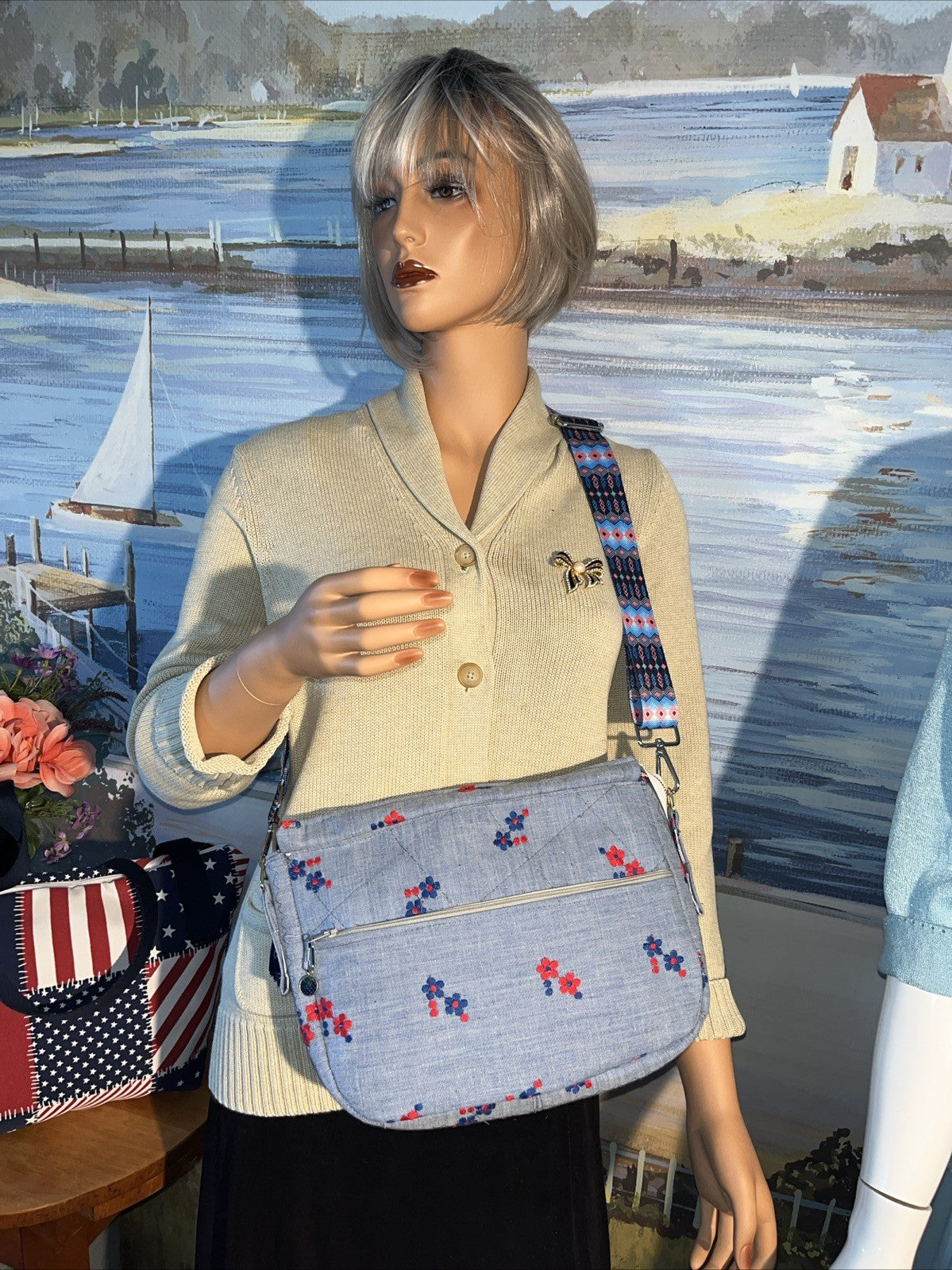Handmade Quilted Denim Shoulder Bag β Embroidered Floral Cotton 0900