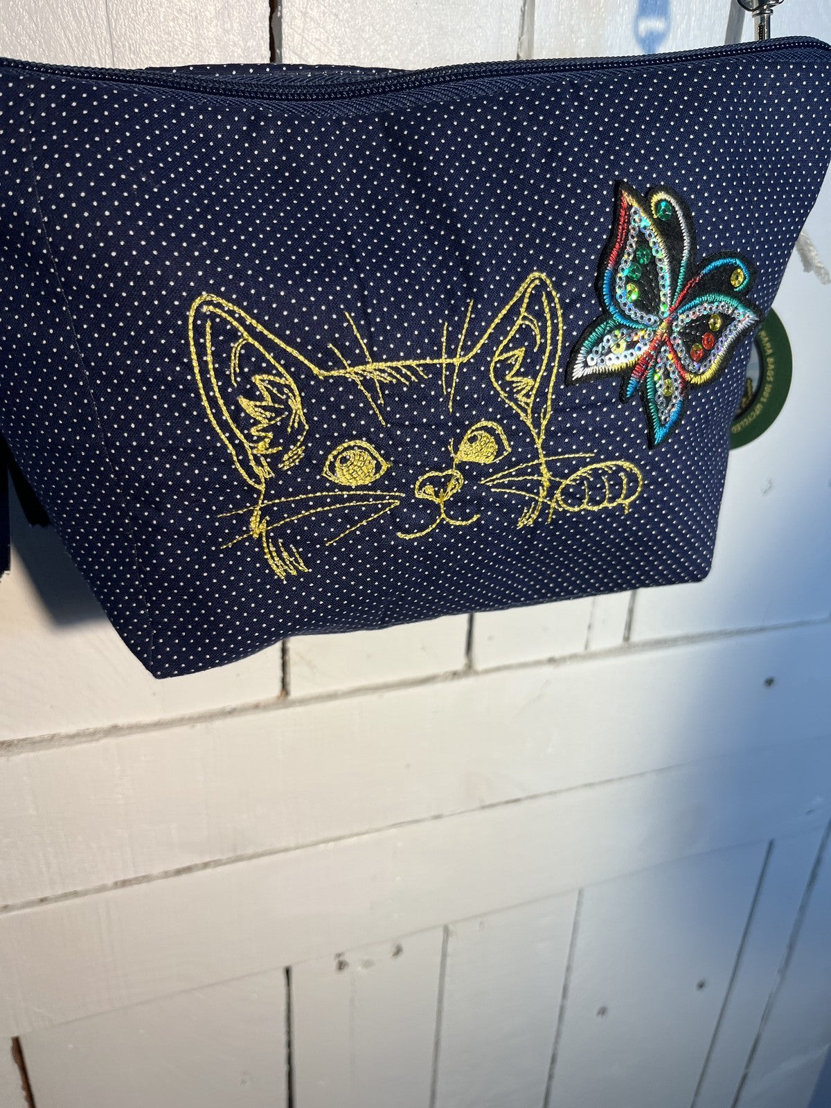 Laurel Burch Cat Hand Bag Blue White Dots Gold Kitty Butterfly 0062