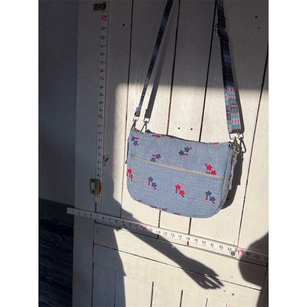 Handmade Quilted Denim Shoulder Bag β Embroidered Floral Cotton 0900