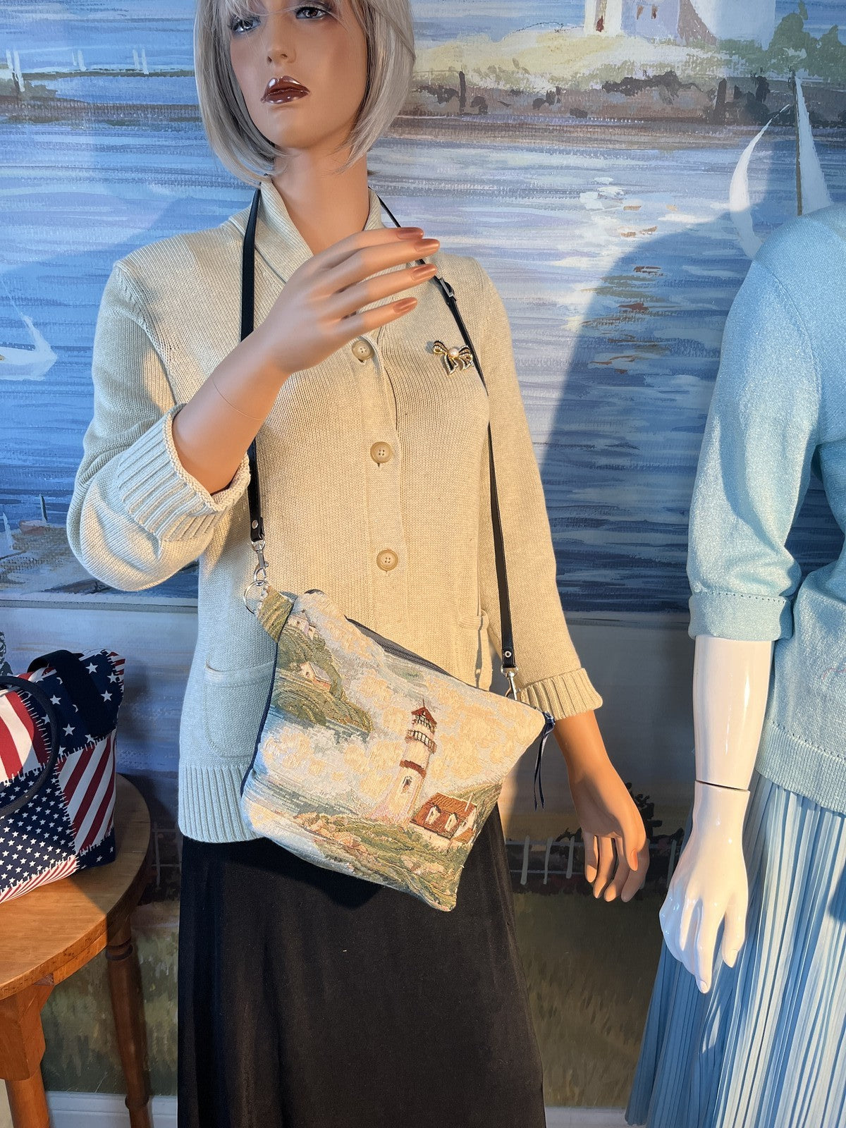 VTG Tapestry Lighthouse Shoulder Bag Purse Coastal Nautical Scene 0046