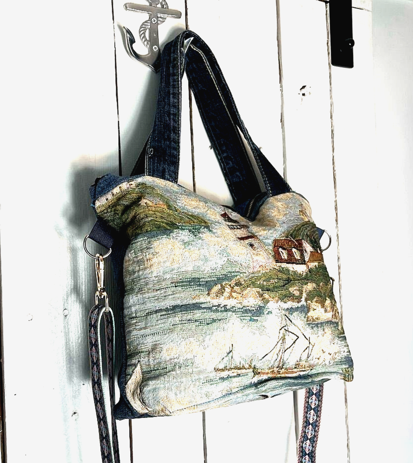 Handmade Ecofriendly Lighthouse Tapestry Jeans Tote Crossbody large Bag