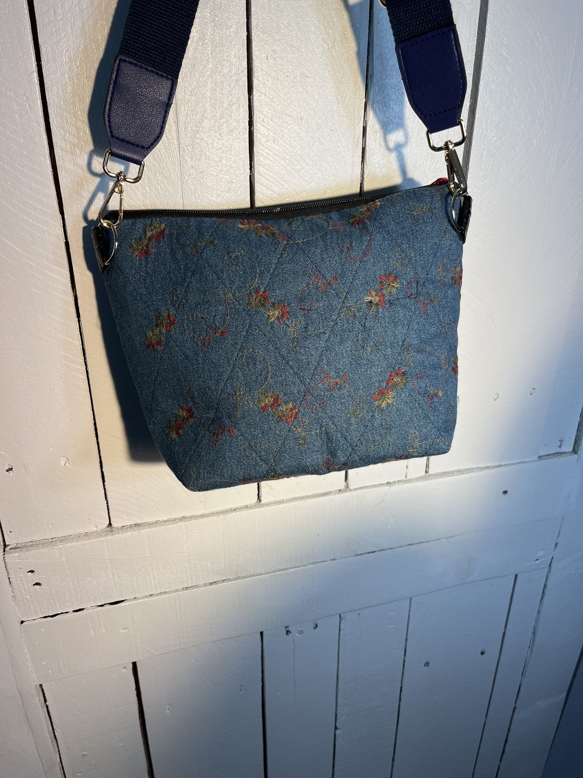 Lidia's Bags Quilted Denim Floral Embroidered Crossbody Bag Blue 0048