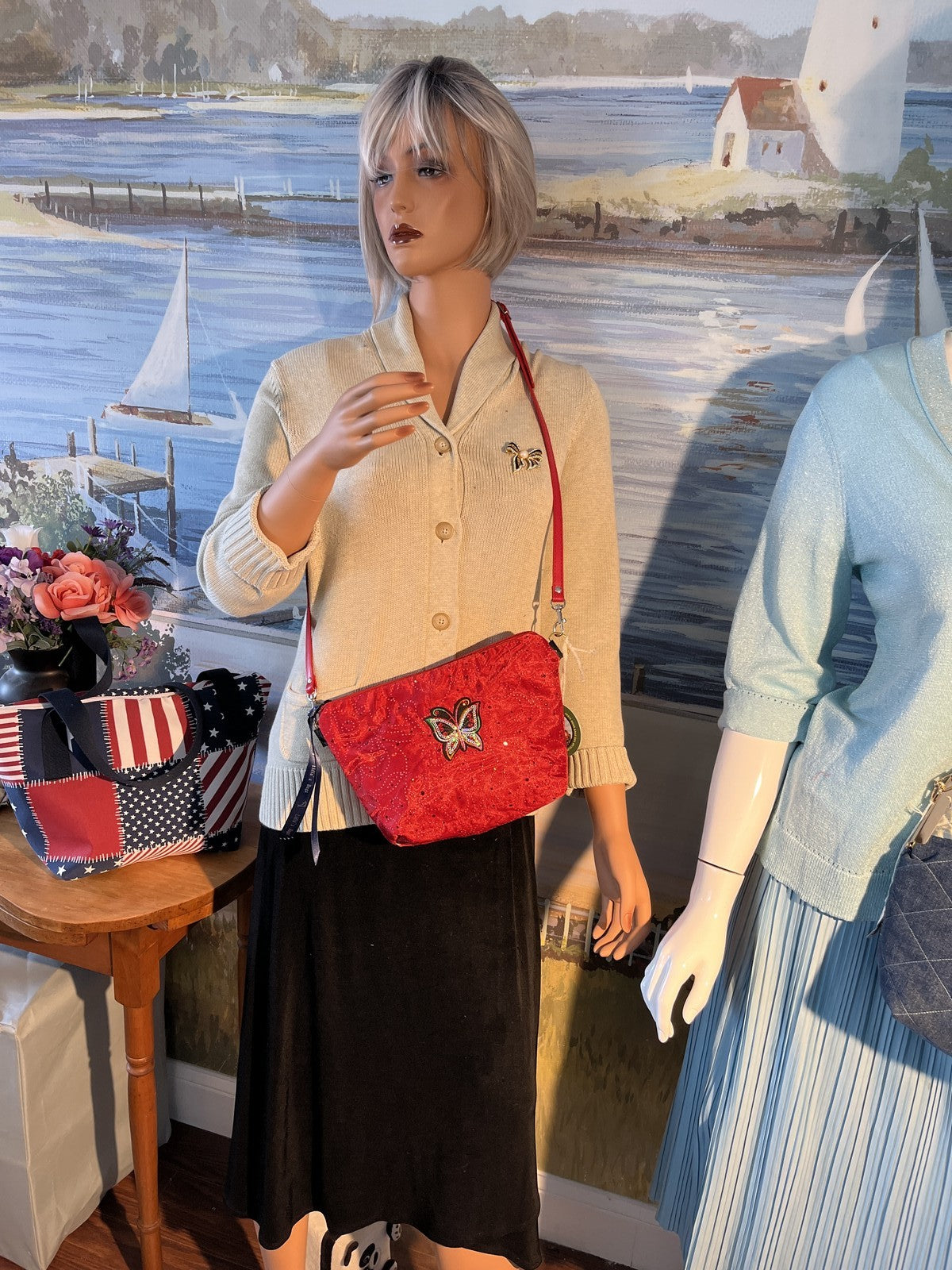 Sparkle Butterfly Apple Red Crossbody Bag handmade organza sequins 0060
