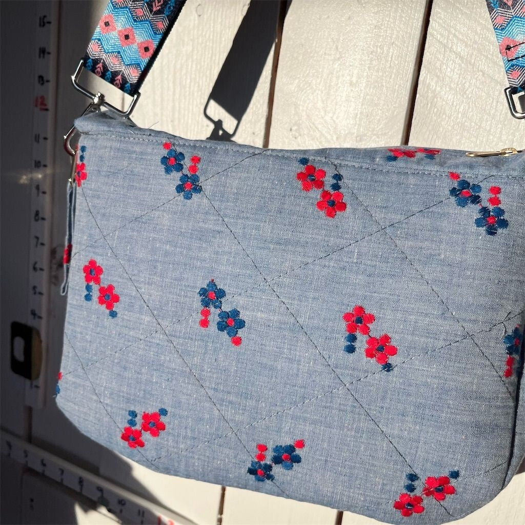 Handmade Quilted Denim Shoulder Bag β Embroidered Floral Cotton 0900