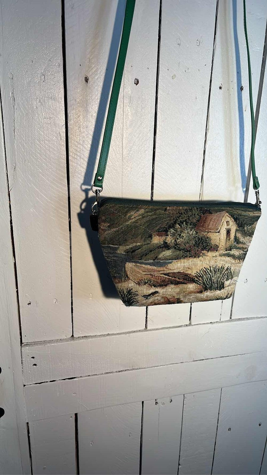 Vintage Tapestry Purse Shoulder Bag Cabin House Country Scene Green Strap 0049