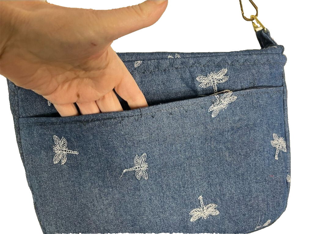 Handmade Denim Embroidered Dragonfly Crossbody Handbag 825