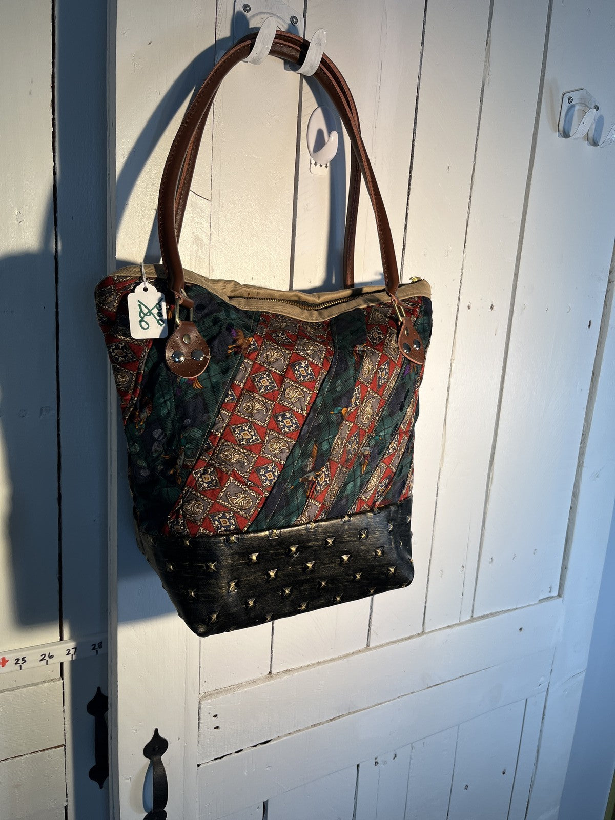 Faux leather and upcycled silk Tote Shoulder Bag Geometric Patchwork Studded