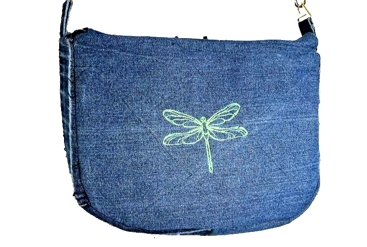 Handmade Hobo Denim Hippy Bag Dragon Fly Embroidery Crossbody