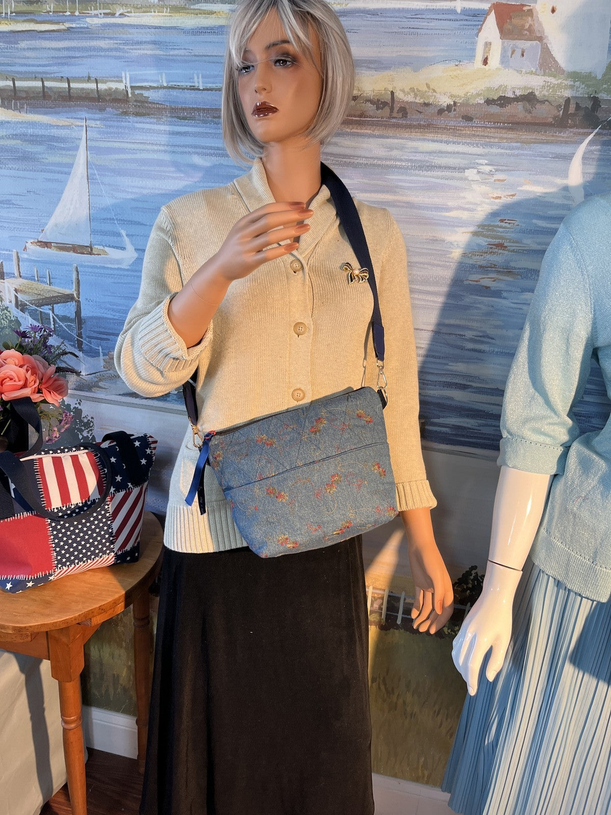 Lidia's Bags Quilted Denim Floral Embroidered Crossbody Bag Blue 0048
