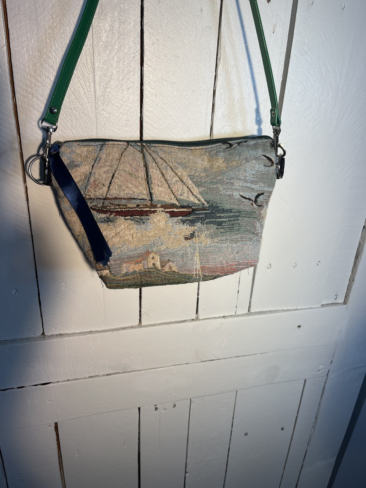 Vintage Tapestry Purse Shoulder Bag Cabin House Country Scene Green Strap 0049