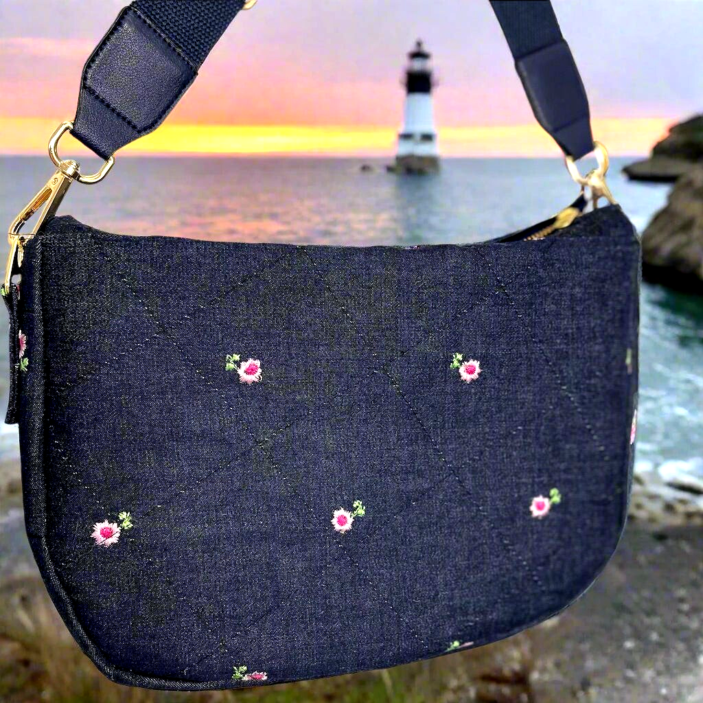 Handmade Embroidered Denim Shoulder Bag β Vintage Rosebud Floral β One of a Kind