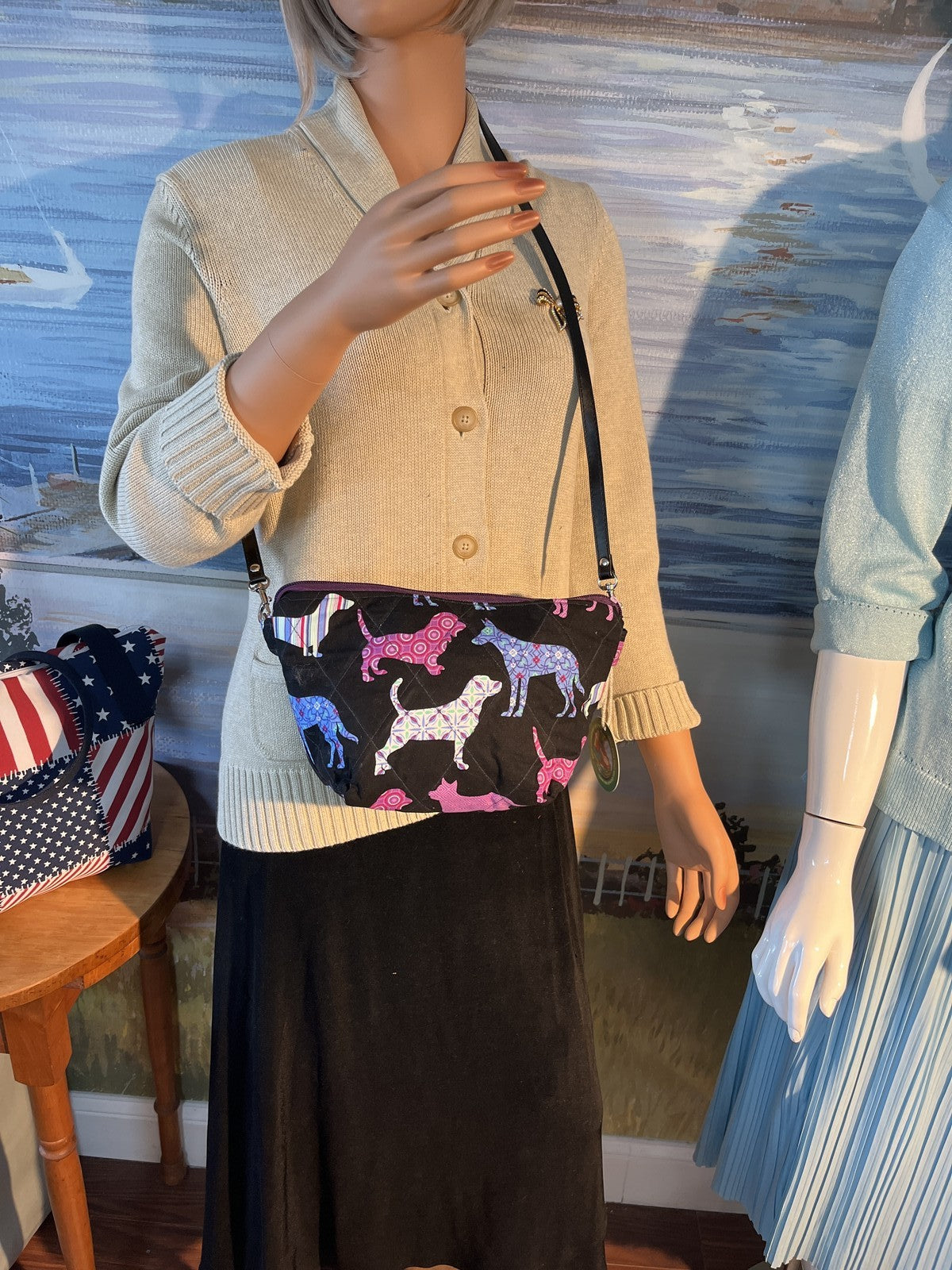Lidia's Bags Quilted Dog Print Crossbody Purse Handmade USA Black Pink Blue 0061