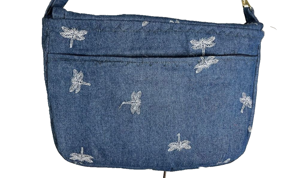 Handmade Denim Embroidered Dragonfly Crossbody Handbag 825
