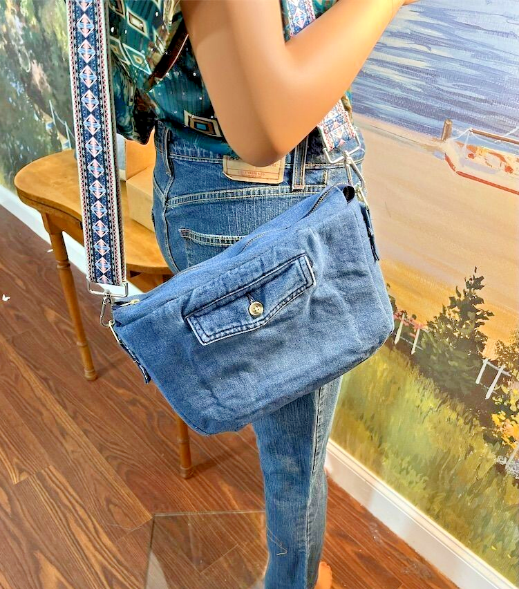Handmade Hobo Denim Hippy Bag Dragon Fly Embroidery Crossbody