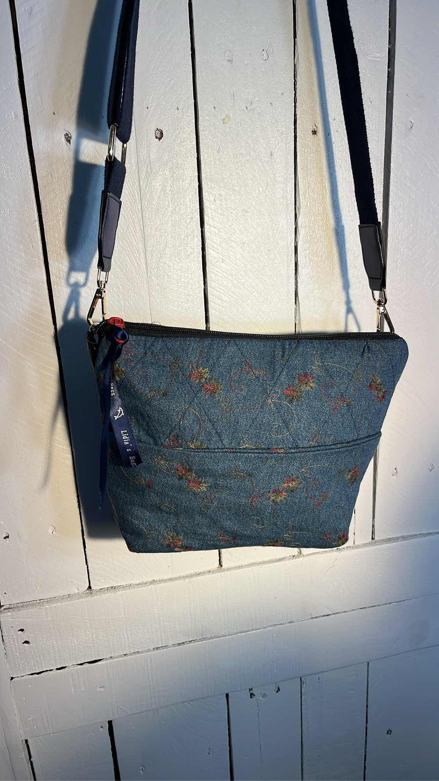 Lidia's Bags Quilted Denim Floral Embroidered Crossbody Bag Blue 0048