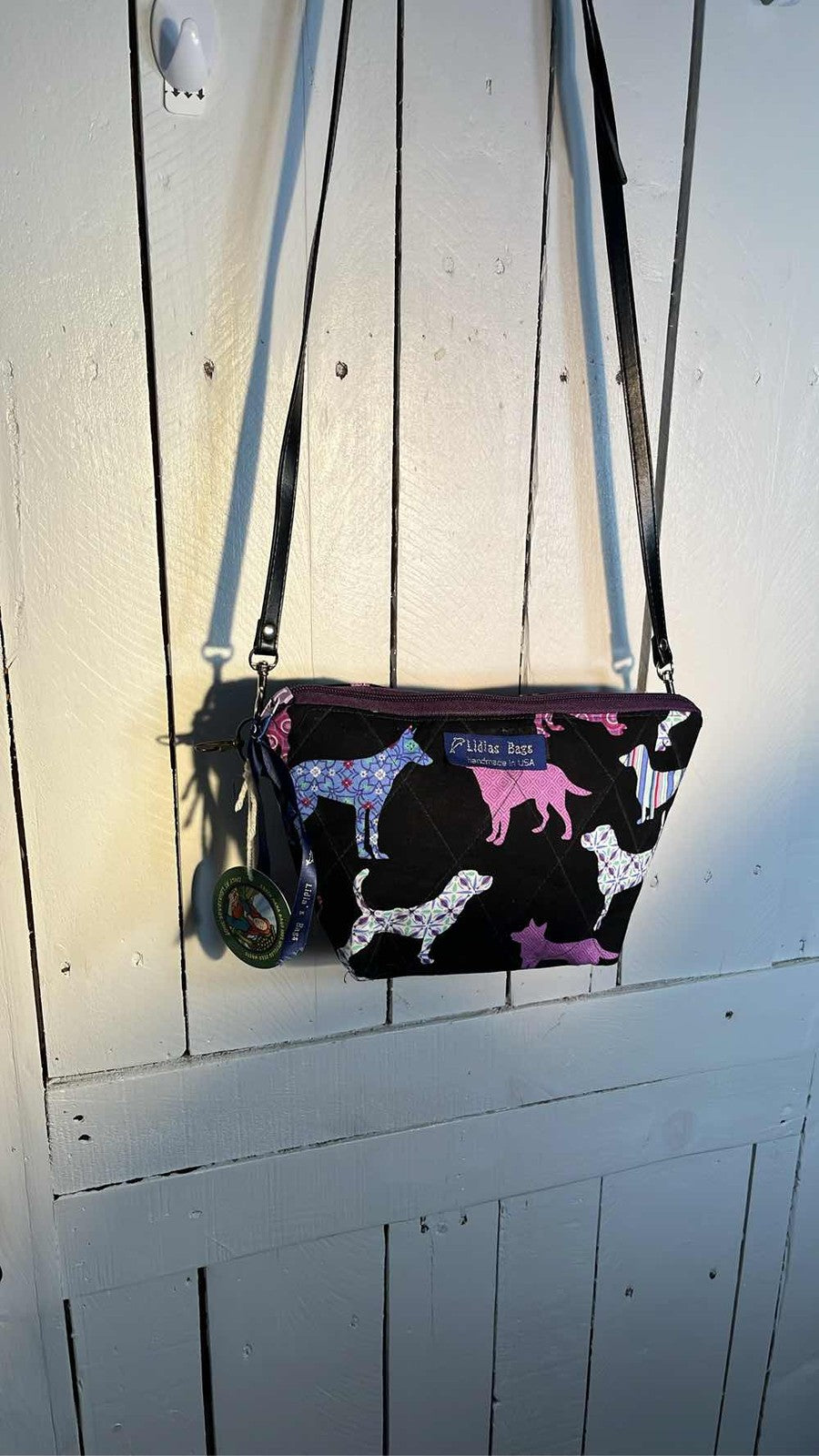 Lidia's Bags Quilted Dog Print Crossbody Purse Handmade USA Black Pink Blue 0061