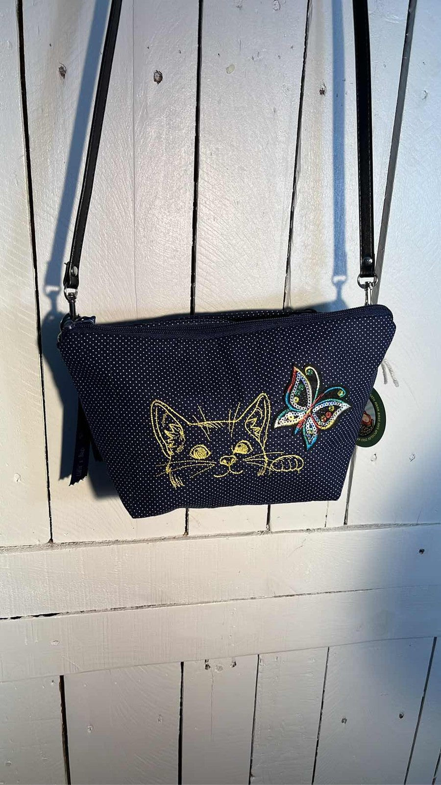 Laurel Burch Cat Hand Bag Blue White Dots Gold Kitty Butterfly 0062