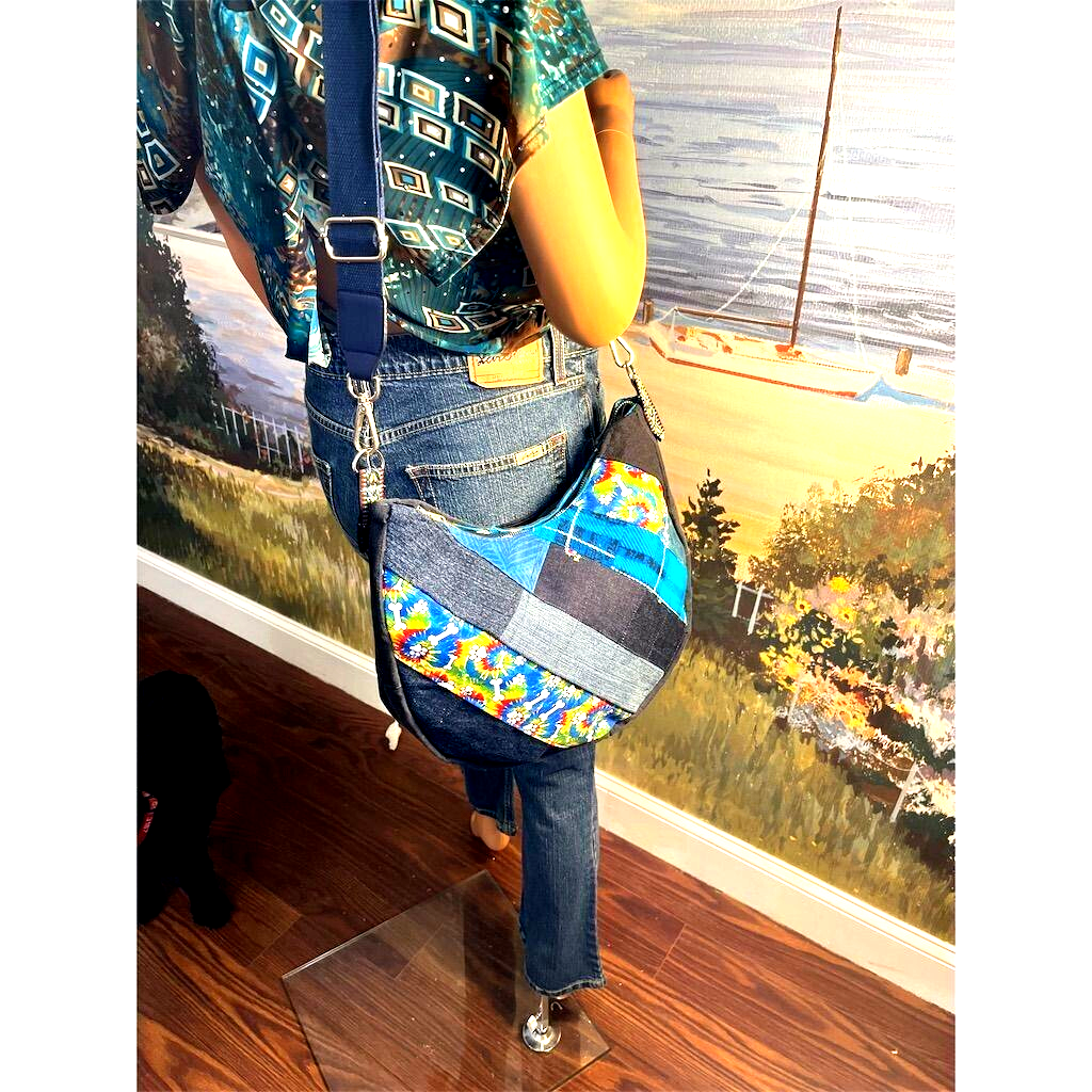 New Denim Patchwork Colorful Crescent Bag Handbag 55341b