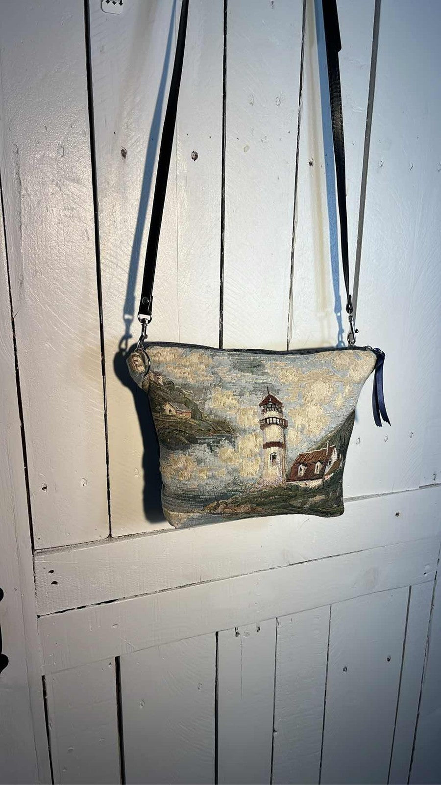 VTG Tapestry Lighthouse Shoulder Bag Purse Coastal Nautical Scene 0046
