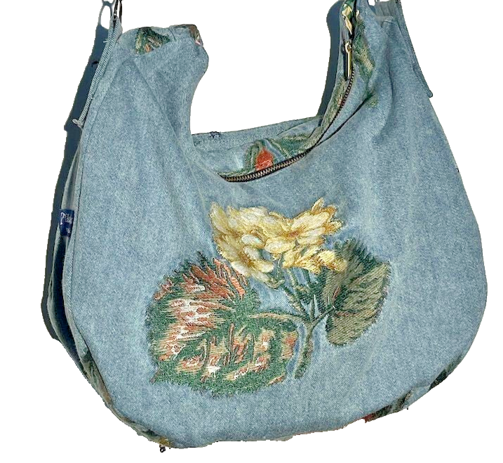 Extra Large Handmade Embroidered Denim Shoulder Bag Vintage Fabric