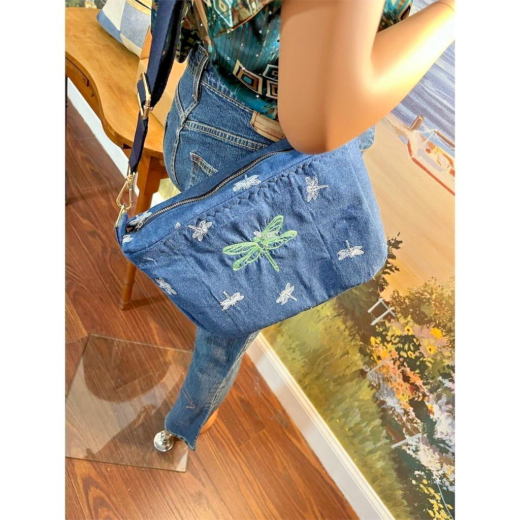 Handmade Denim Embroidered Dragonfly Crossbody Handbag 825