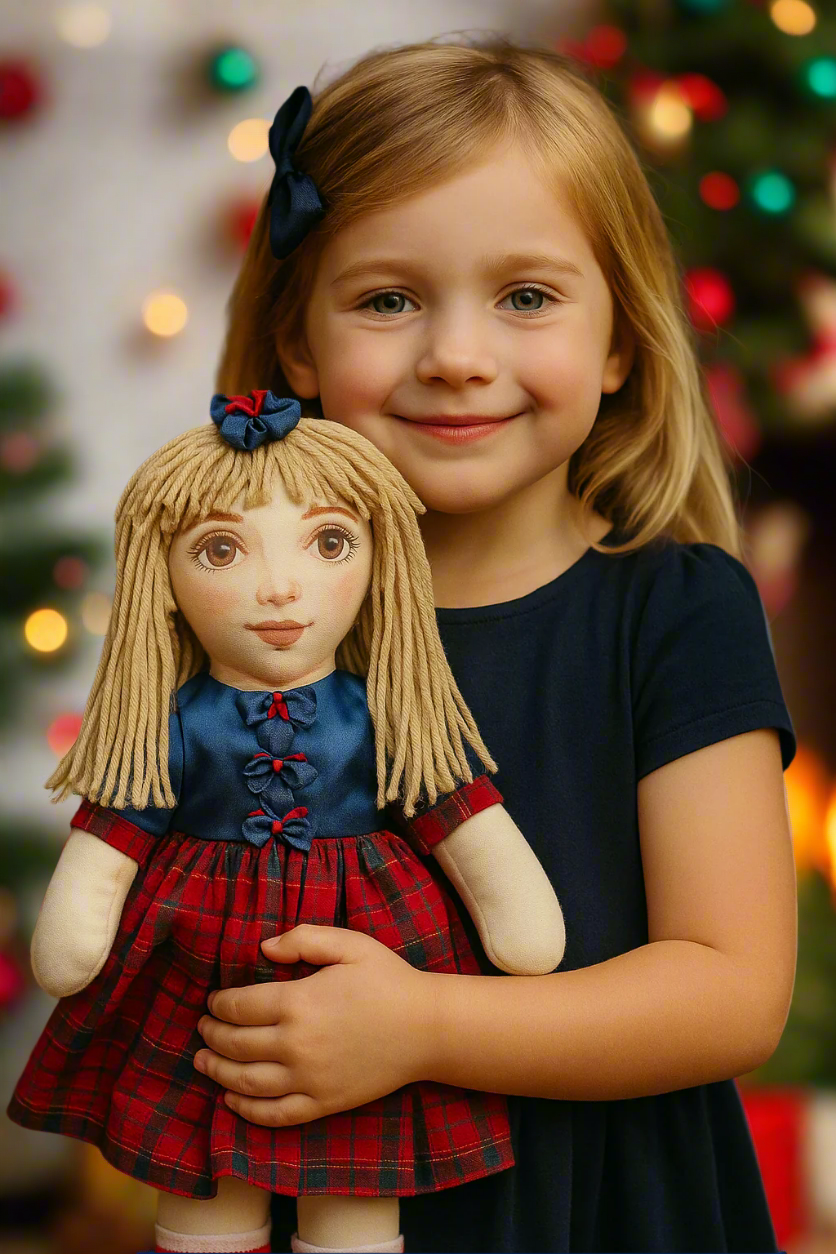 Arabella Sterling 18” Handmade Cloth Rag Doll | Custom Face, Plaid Dress, Story Tag
