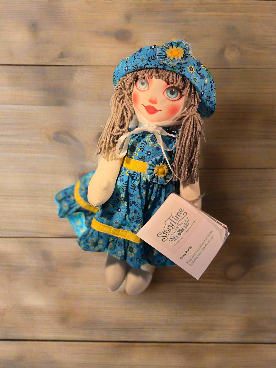 Ruby Ruffle Handmade Rag Doll – 18" Collector Cloth Doll with Story Card – Wool Hair, Custom Face, Vintage-Style Dress – Lidia’s Dolls Storytime Friends