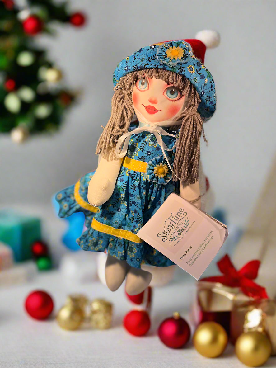 Ruby Ruffle Handmade Rag Doll – 18" Collector Cloth Doll with Story Card – Wool Hair, Custom Face, Vintage-Style Dress – Lidia’s Dolls Storytime Friends