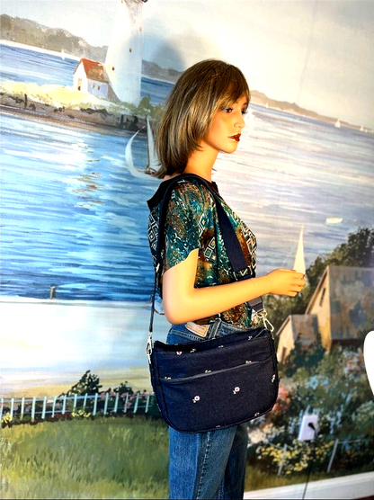 Handmade Embroidered Denim Shoulder Bag – Vintage Rosebud Floral – One of a Kind
