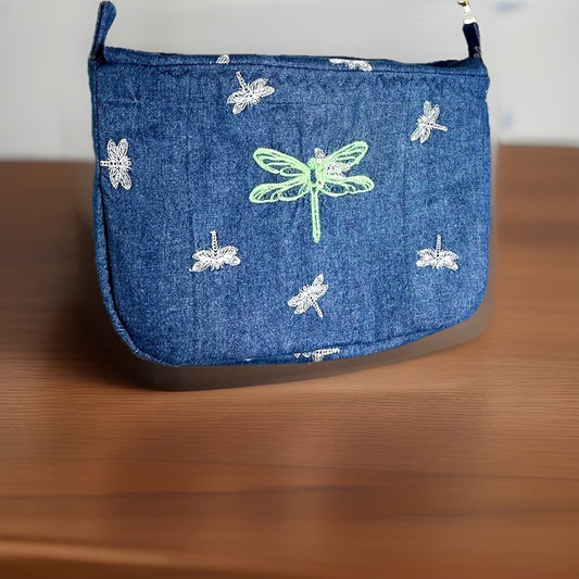 Handmade Denim Embroidered Dragonfly Crossbody Handbag 825