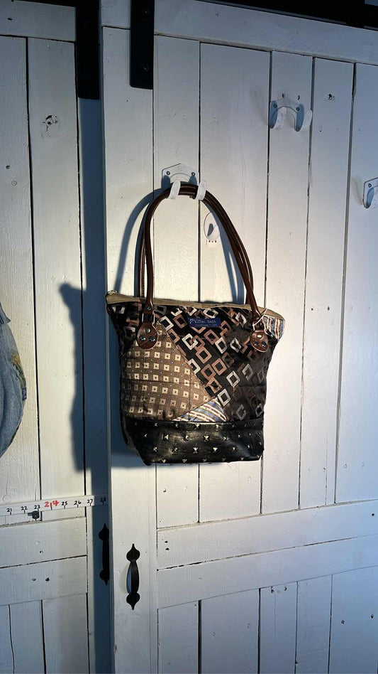 Faux leather and upcycled silk  Tote Shoulder Bag Geometric Patchwork Studded