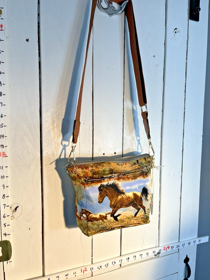 Handmade 11”  Light Cotton Handbag With Horse Print Side Pocket 0058