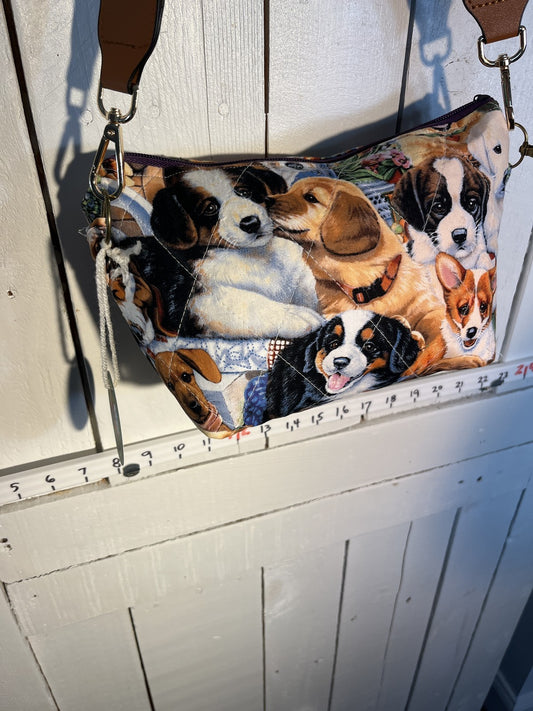 Quilted Dog Puppy Print Shoulder Bag Tote Purse Crossbody Adjustable Strap. 0059