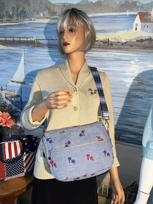 Handmade Quilted Denim Shoulder Bag – Embroidered Floral Cotton 0900