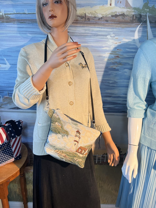 VTG Tapestry Lighthouse Shoulder Bag Purse Coastal Nautical Scene 0046