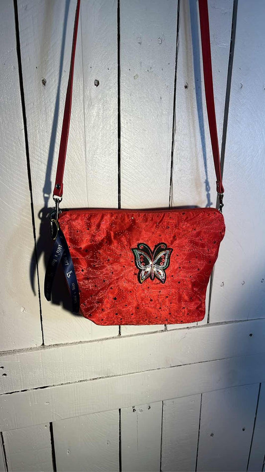Sparkle Butterfly  Apple  Red Crossbody Bag  handmade organza sequins  0060