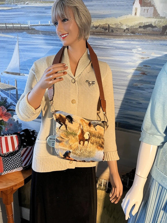 Handmade 11”  Light Cotton Handbag With Horse Print Side Pocket 0058