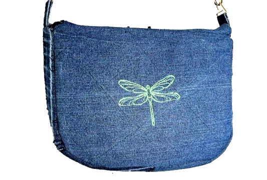 Handmade Hobo Denim Hippy Bag Dragon Fly Embroidery Crossbody