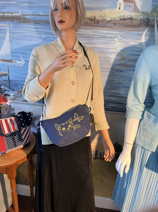 Laurel Burch Cat Hand Bag Blue White Dots Gold Kitty Butterfly 0062