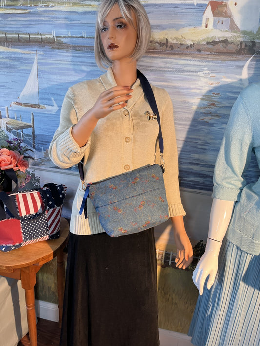 Lidia's Bags Quilted Denim Floral Embroidered Crossbody Bag Blue 0048