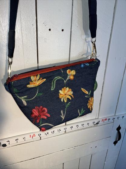 Embroidered Floral Denim Bag  Crossbody handbag handmade  0066