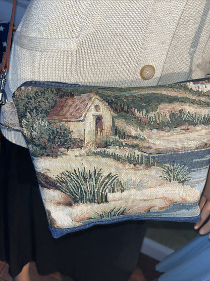 Vintage Tapestry Shoulder Bag Purse Barn House Landscape Scene Brown Strap 0052