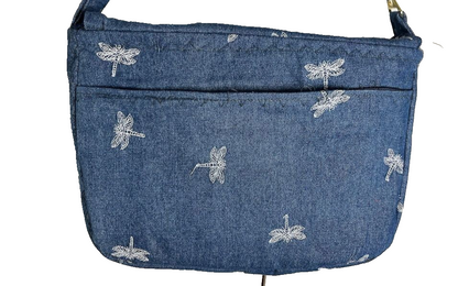 Handmade Denim Embroidered Dragonfly Crossbody Handbag 825