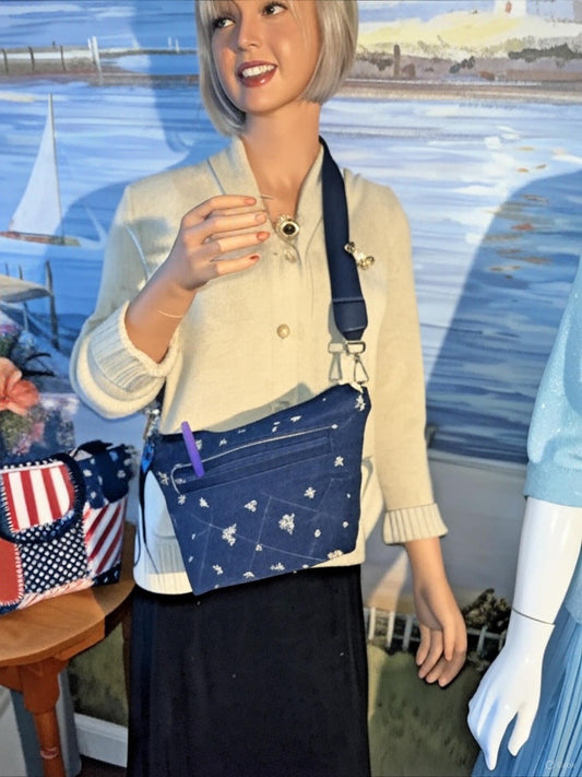 Handcrafted Navy Quilted Embroidered Floral Crossbody Bag - Unique 0056