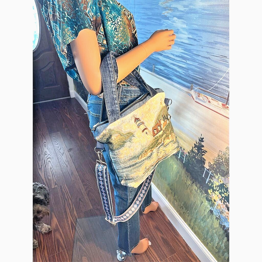 Handmade Ecofriendly Lighthouse Tapestry Jeans Tote Crossbody large Bag