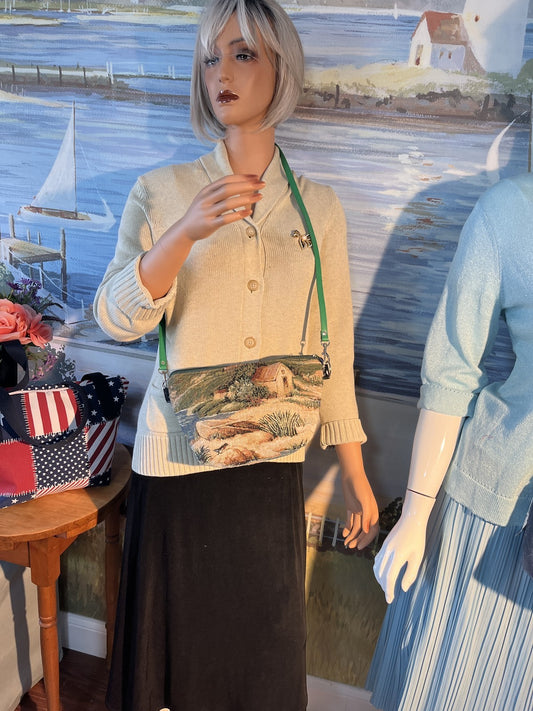 Vintage Tapestry Purse Shoulder Bag Cabin House Country Scene Green Strap 0049