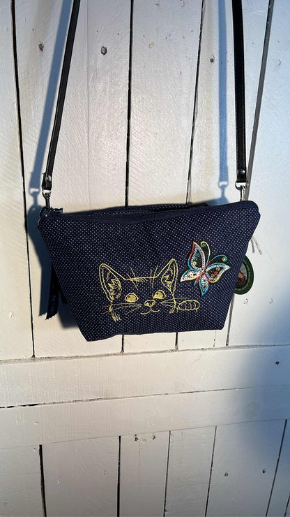 Laurel Burch Cat Hand Bag Blue White Dots Gold Kitty Butterfly 0062