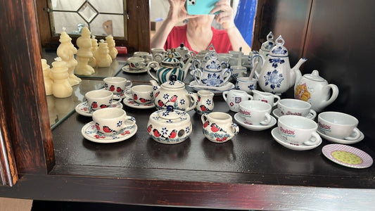 Vtg Miniature Dollhouse Tea Set Lot Barbie Poland Folk Art Bird Porcelain Teapot